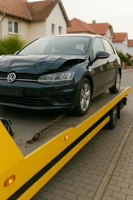 Ein defektes Auto wird abgeschleppt, um es für den Autoankauf in Mannheim zu bewerten und anzukaufen.