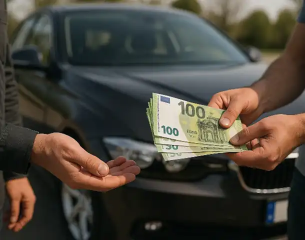 Ein Kunde erhält beim Autoankauf in Mannheim eine Bargeldzahlung für sein Fahrzeug.